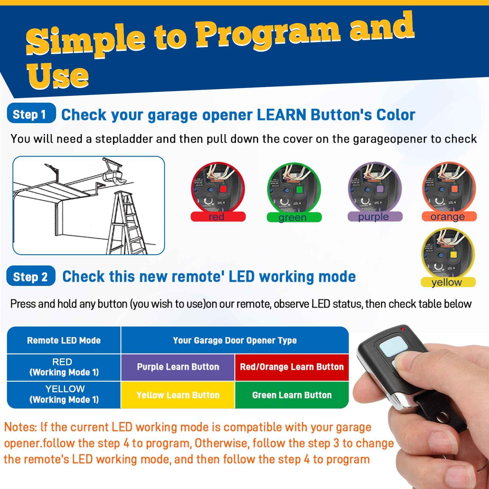 3 Garage Door Opener Remote, for liftmaster Craftsman Chamberlain Garage Door Opener Remote Universal, Work with Yellow Purple Red Orange Green Learn Button, 893max 893lm 890max 891lm