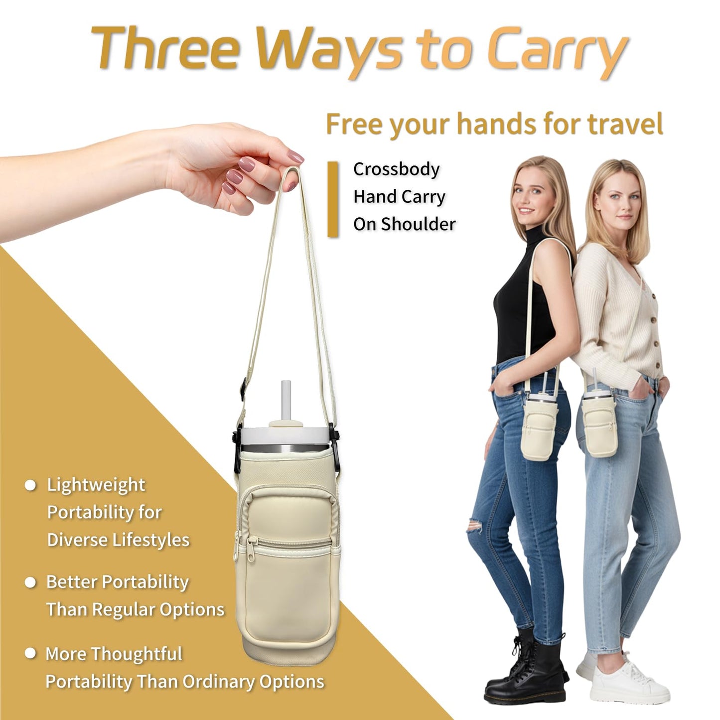 Doacpcr Water Bottle Carrier Bag with Phone Pocket for Stanley 40 oz Tumbler Compatible with Handle/Straight Bottles, Water Bottle Holder with Adjustable Strap, Stanley Cup Accessories 40 oz (Pink)