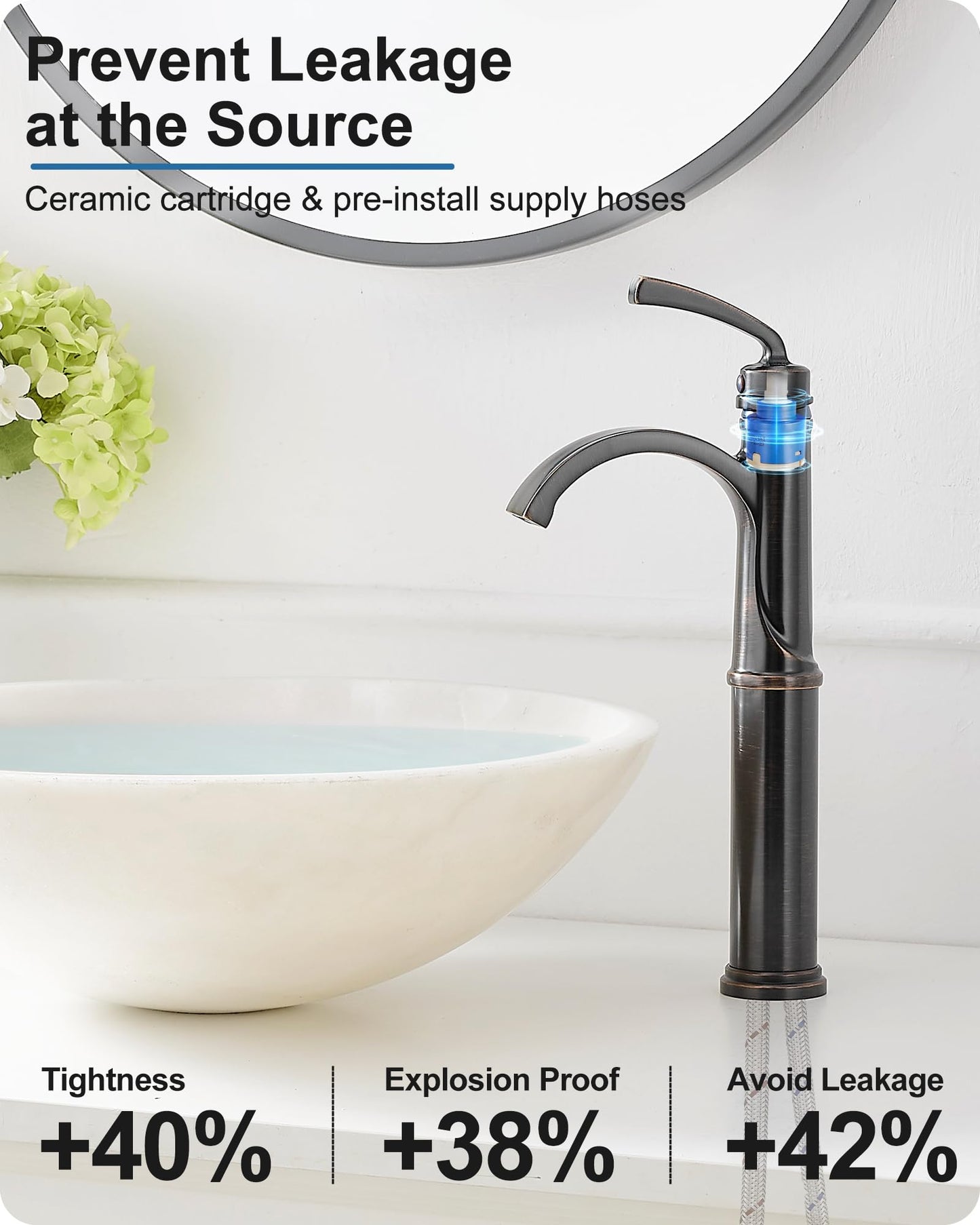 HEYMYTAP Vessel Sink Faucet, Oil Rubbed Bronze Waterfall Bathroom Sink Faucets, Brass Tall Bathroom Faucet Vanity Faucet 1 Hole Restroom Faucet Single Handle with Pop-up Drain Supply Hose