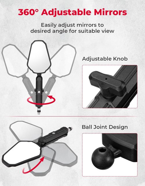 KEMIMOTO Universal Adventure Motorcycle Mirrors - Adjustable M8/M10 Bolt, 360° Convex, Foldable Design