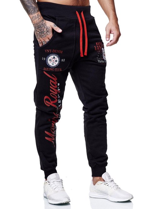 Marine Royal Men's Jogger Pants, Sports Fitness Running Casual Sweatpants Black Red