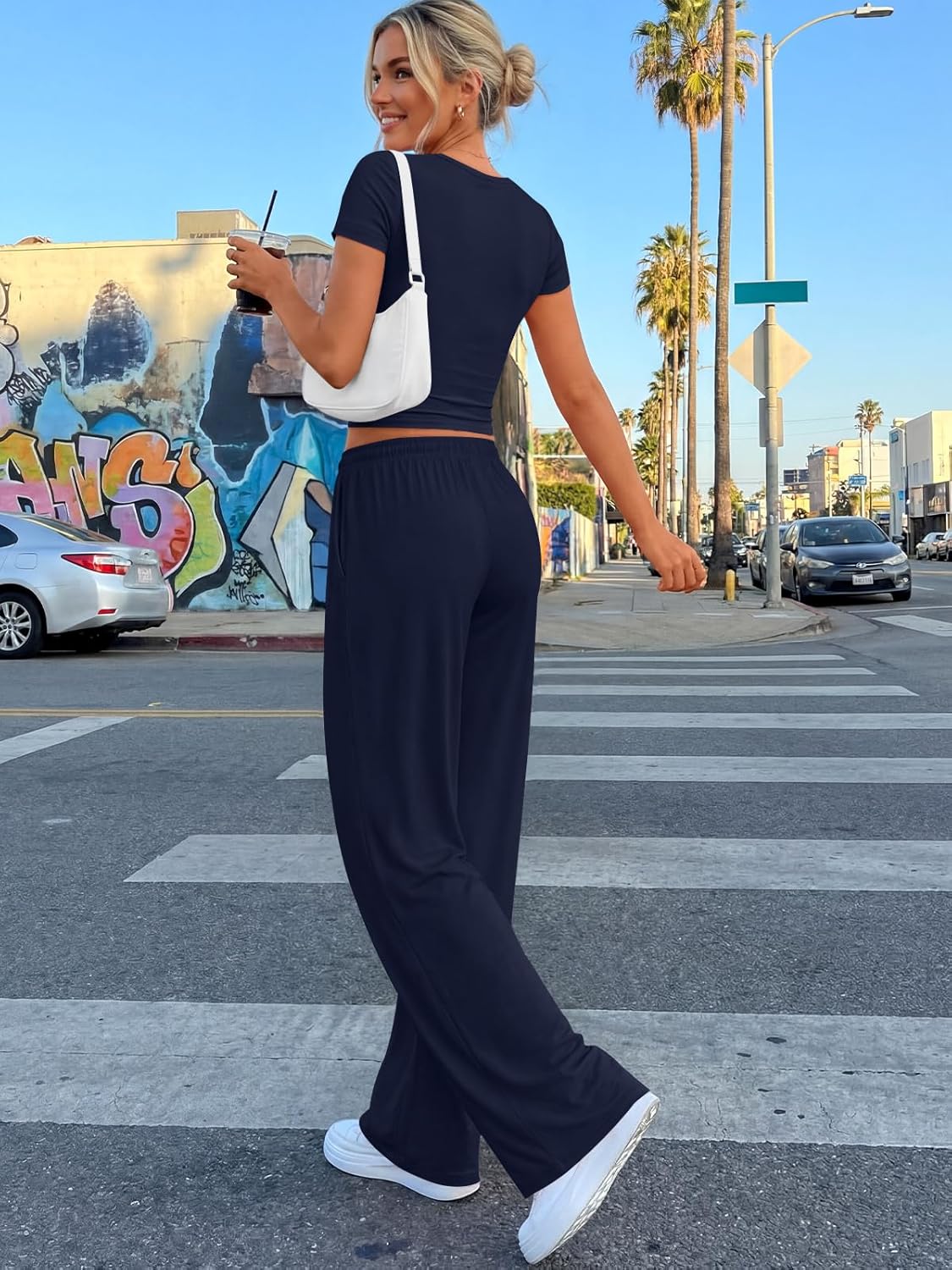 Trendy Queen 2 Piece Matching Summer Sweatsuit - Women's Side Ruching Top & Wide Leg Pants Set with Pockets