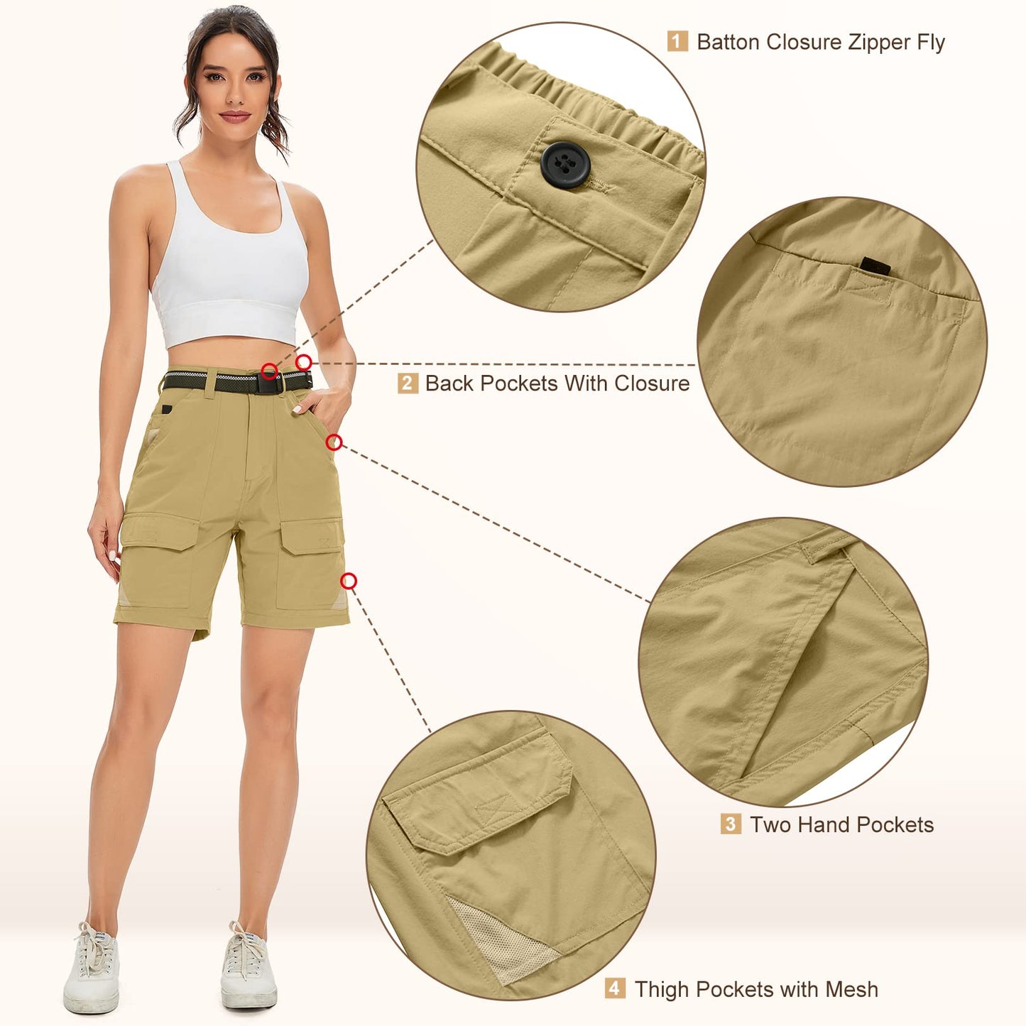 Jessie Kidden Womens Stretch Cargo Hiking Shorts Quick Dry Elastic Waist 7" Casual Shorts for Women Khaki
