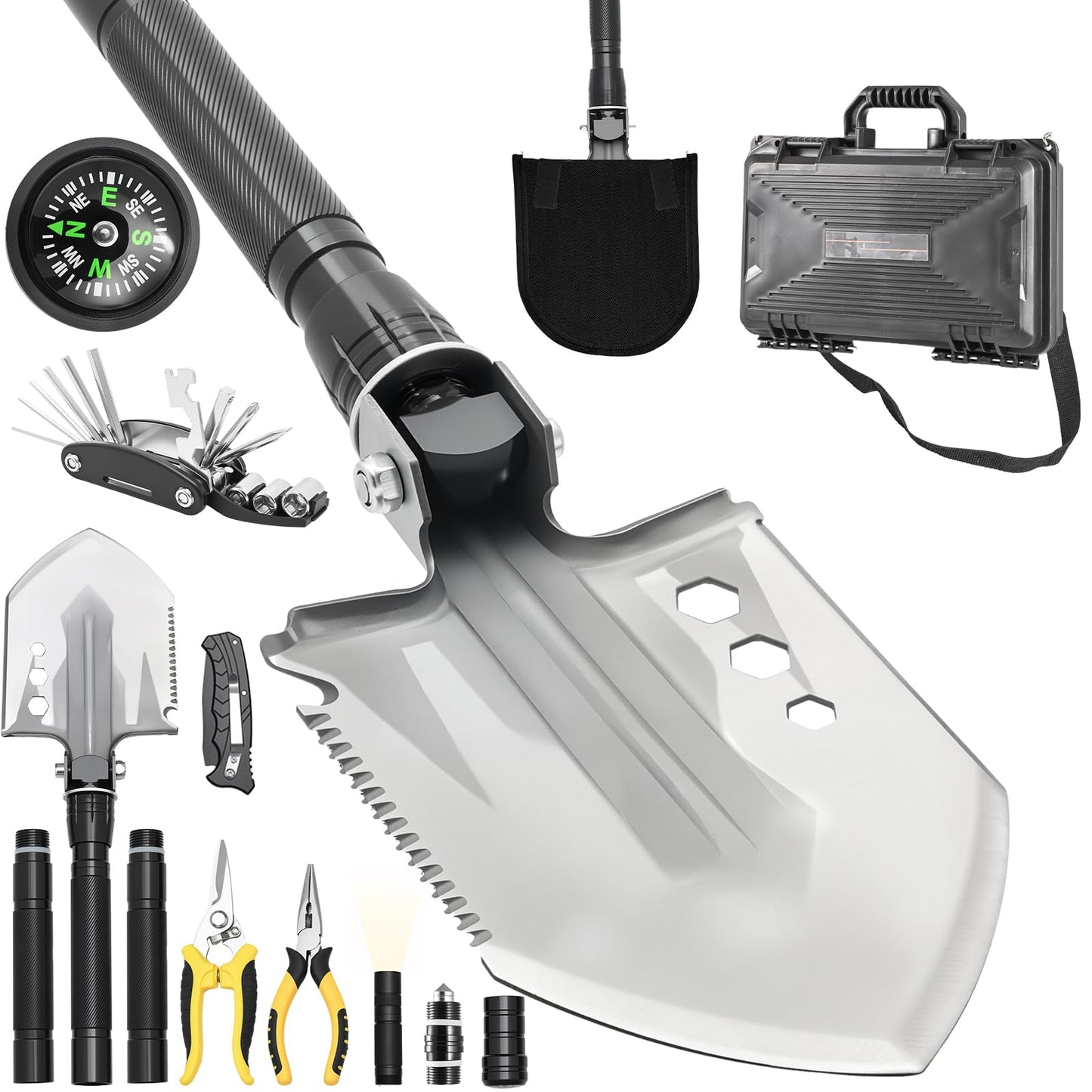CIRONBOW Folding Camping Shovel Axe Kit，Multifunctional Survival Shovel with Stainless Steel Pickaxe ，pliers,Compass，Locking scissors，Magnetic flashlight- For Camping, Snow, Hiking, Survival Gear