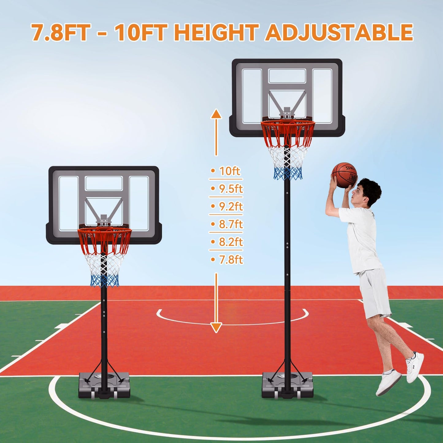 GORISE Basketball Hoop Outdoor, 7.7-10ft Height Adjustable, Portable Basketball Hoop & Goal with Fillable Base & 2 Wheels, 44"×30" Backboard for Backyard/Driveway/Indoor, Large