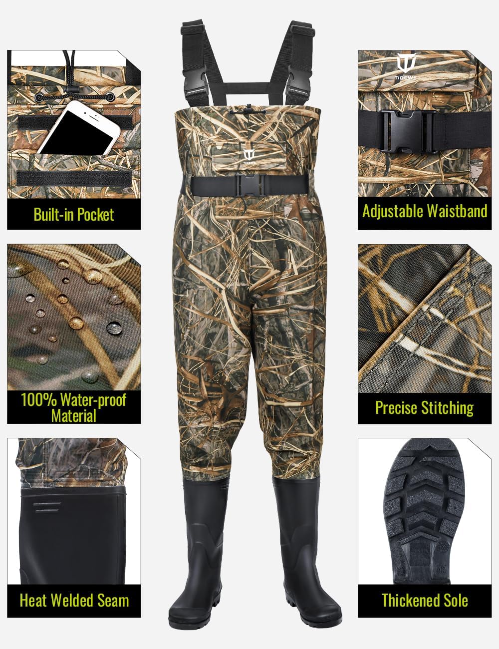 TIDEWE Bootfoot Chest Wader - Waterproof Fishing & Hunting Waders for Men & Women | Green/Brown