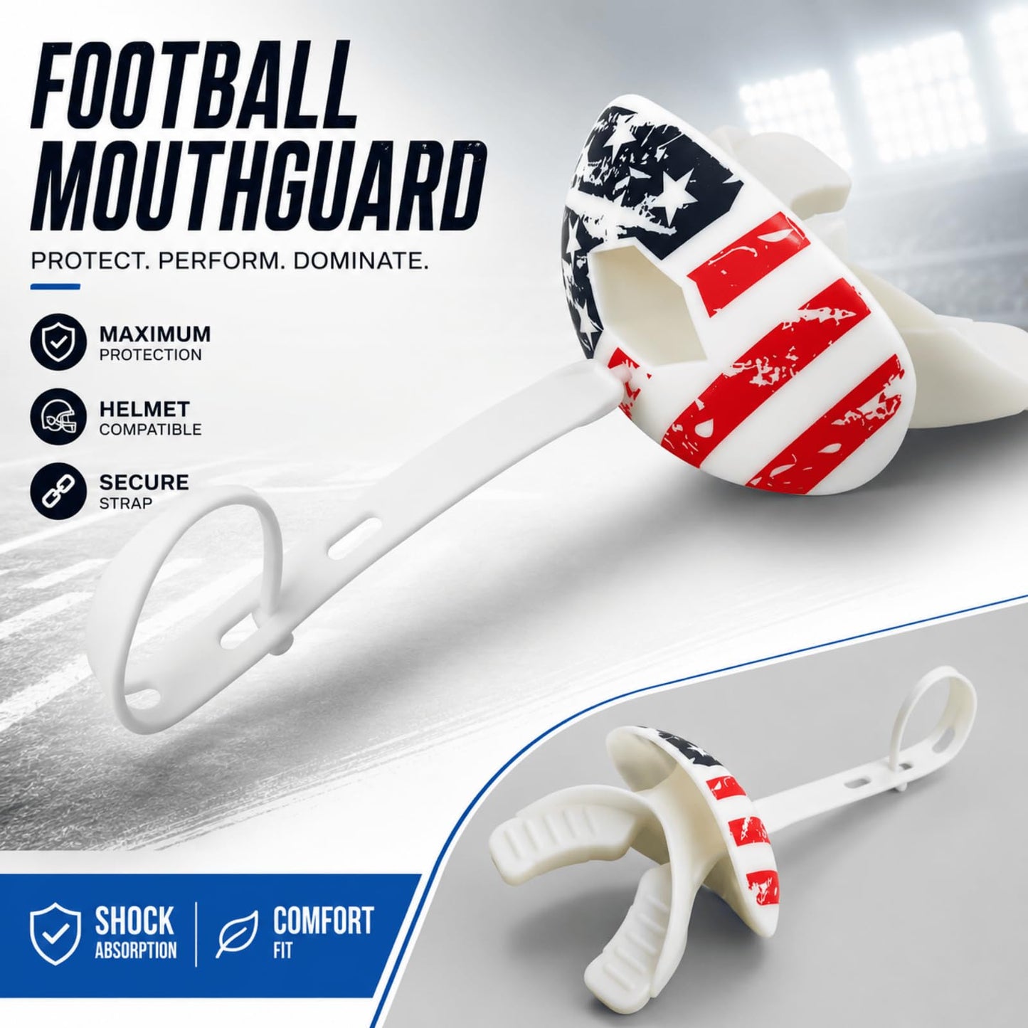 ZAKVOP Football Mouth Guard with Strap, Breathable MouthGuard for Youth and Adults, Teeth and Lip Protector (American)