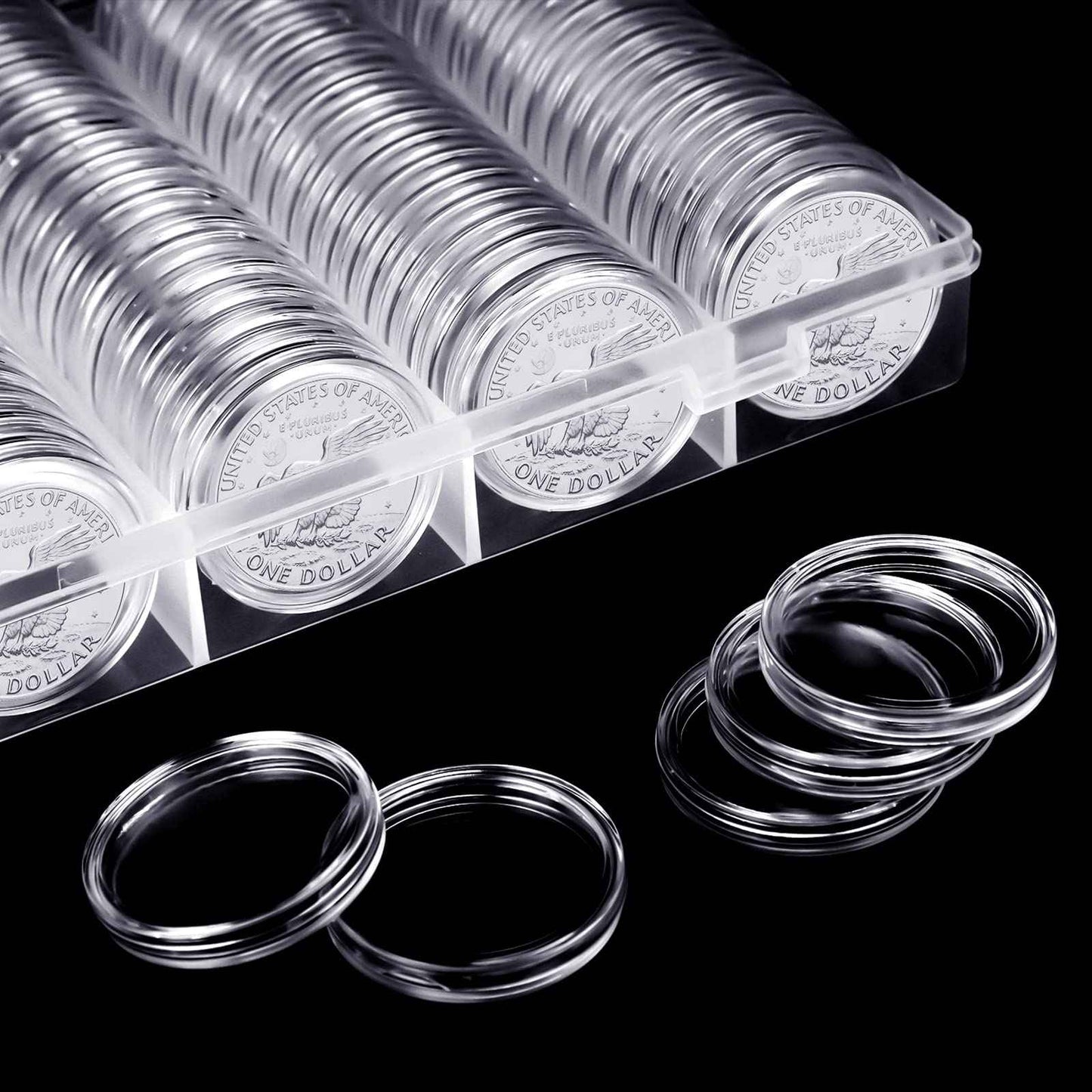 Silver Dollar Coin Case Holder for Collectors 40.6mm Silver Bar Plastic Round Coin Capsules Covers with Storage Organizer Box for Silver Bar Coin Collection Supplies (300)