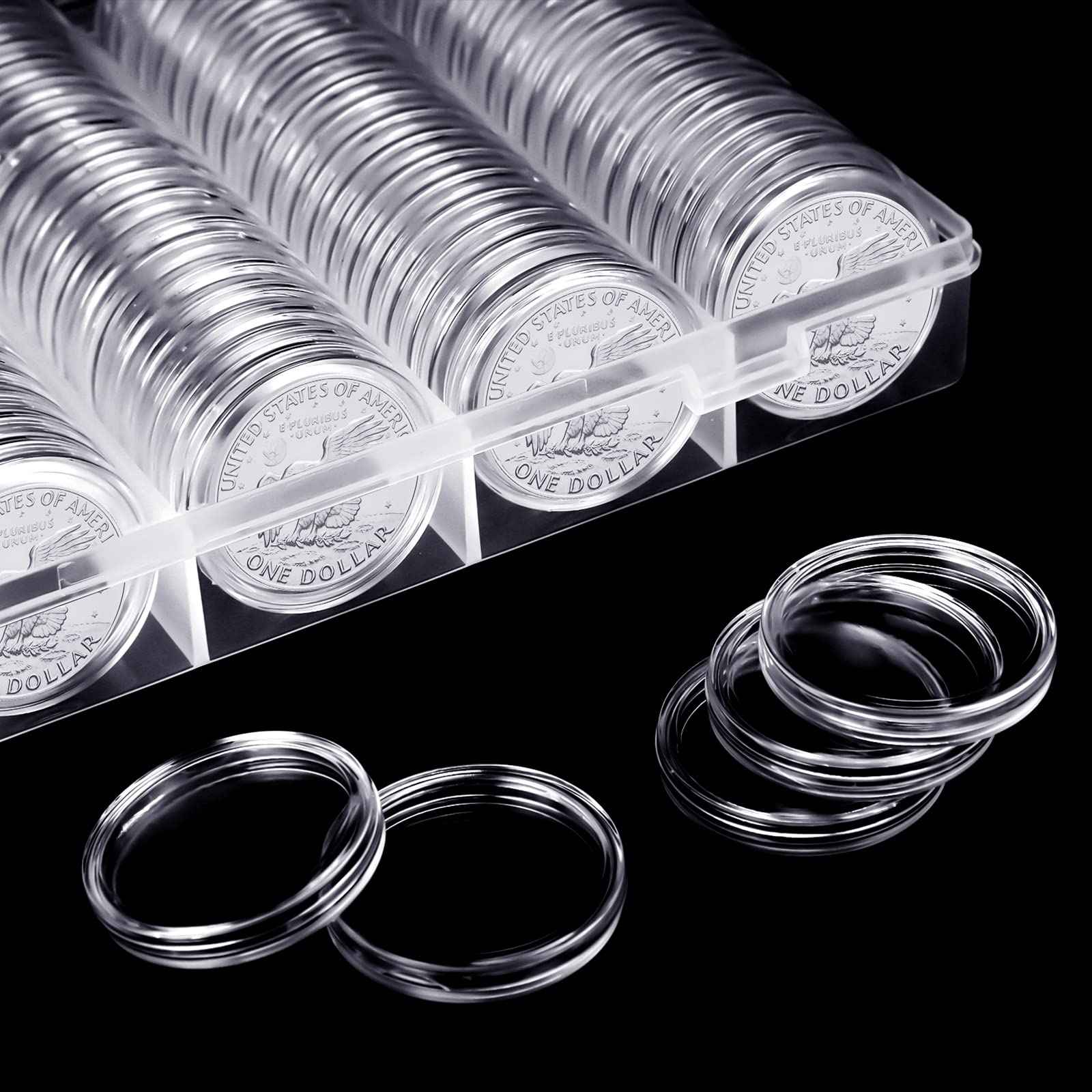 Silver Dollar Coin Case Holder for Collectors 40.6mm Silver Bar Plastic Round Coin Capsules Covers with Storage Organizer Box for Silver Bar Coin Collection Supplies (300)