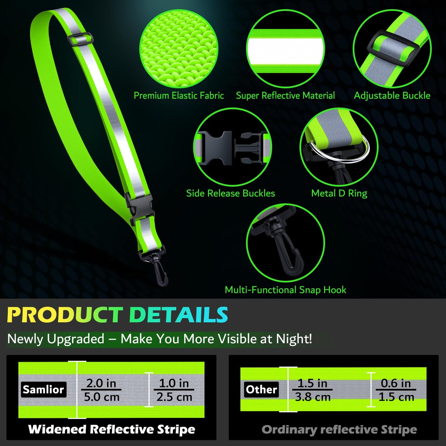 Samlior Reflective Walking Gear at Night, High Visibility Safety Reflective Sash Belt and 2-Pack Armband Set, Night Running Safety Gear for Women Men Kids (Green)
