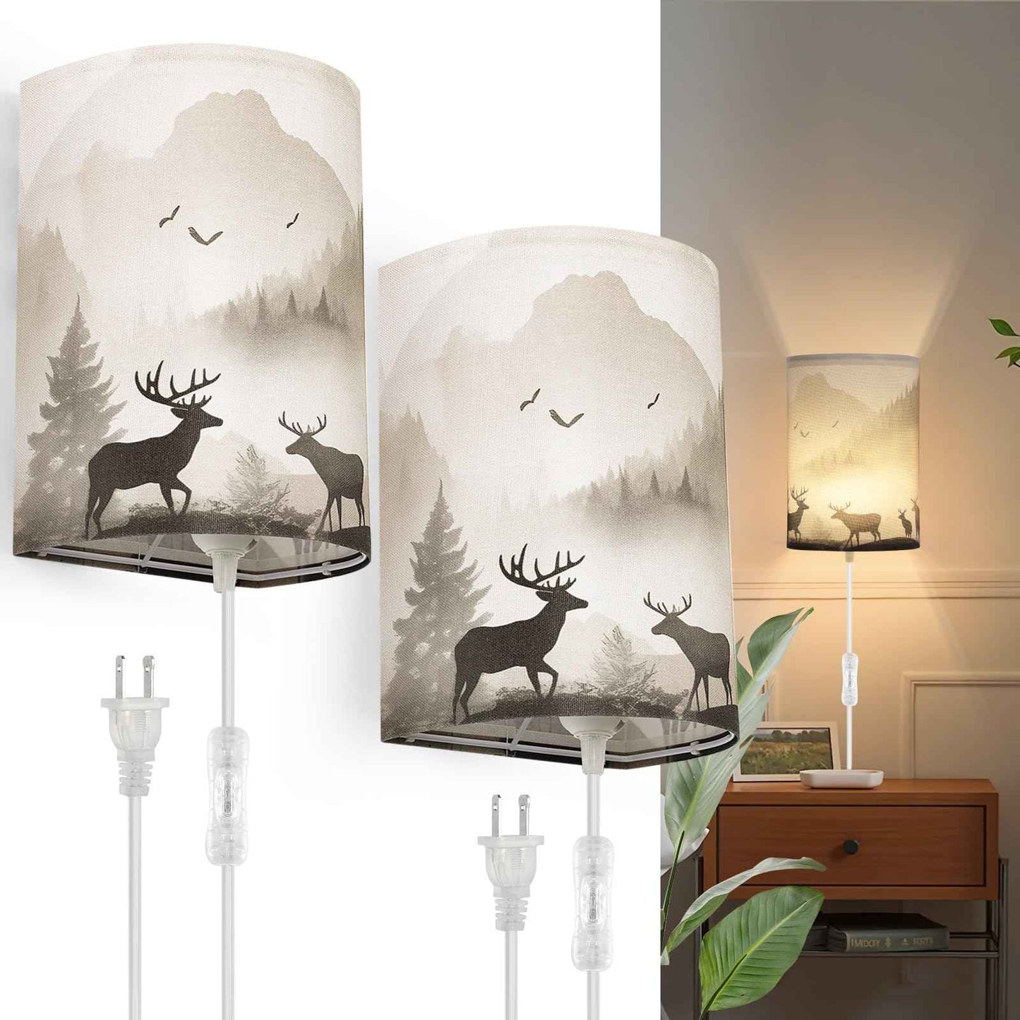 Novantl Fabric Plug in Wall Sconces, HD Printing Deer Wall Lamp, Rustic Farmhouse Corner Wall Sconce Plug in, Plug in Sconce with UL Certified Clear Cord, Wall Lamps for Living Room, Bedroom (2 Packs)