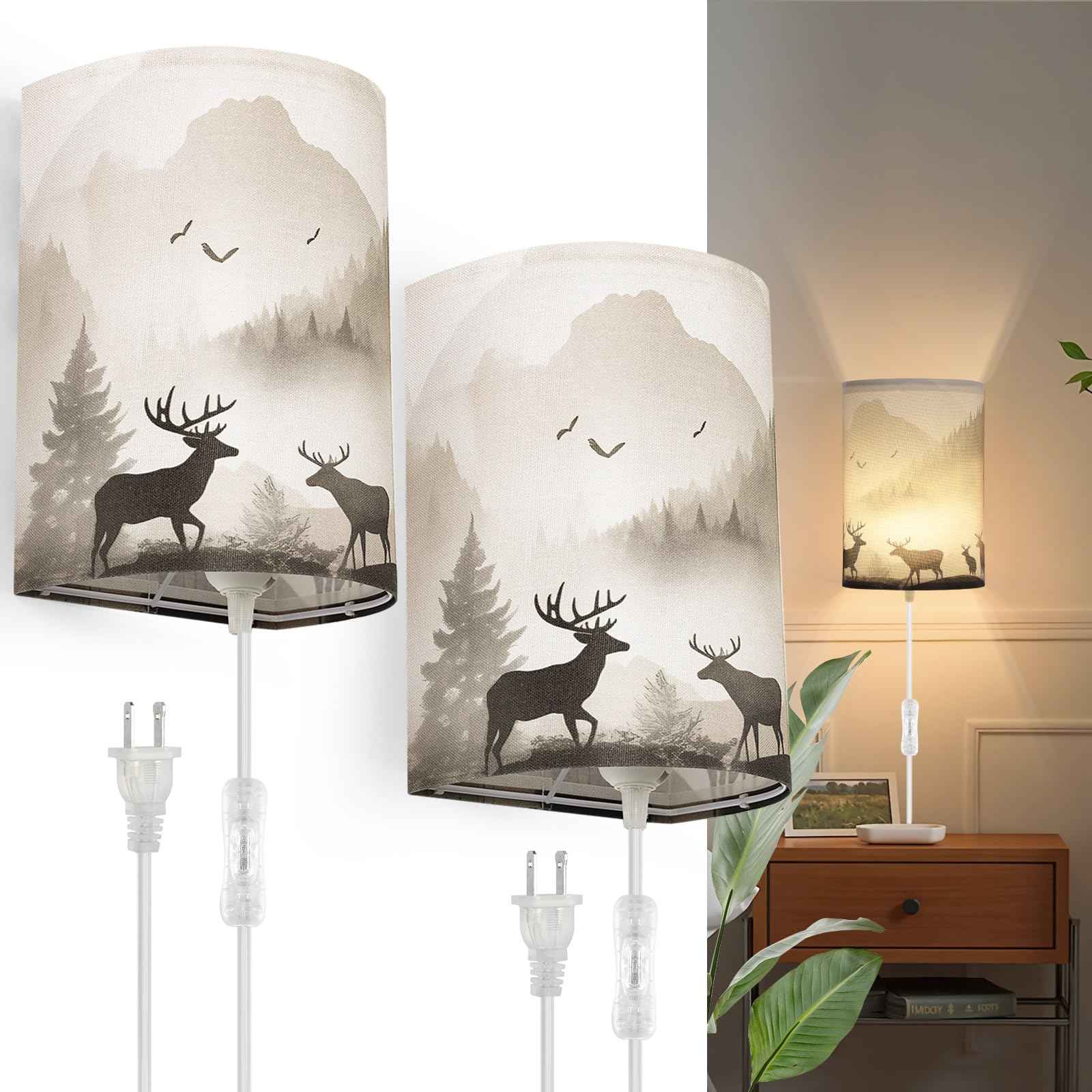 Novantl Fabric Plug in Wall Sconces, HD Printing Deer Wall Lamp, Rustic Farmhouse Corner Wall Sconce Plug in, Plug in Sconce with UL Certified Clear Cord, Wall Lamps for Living Room, Bedroom (2 Packs)