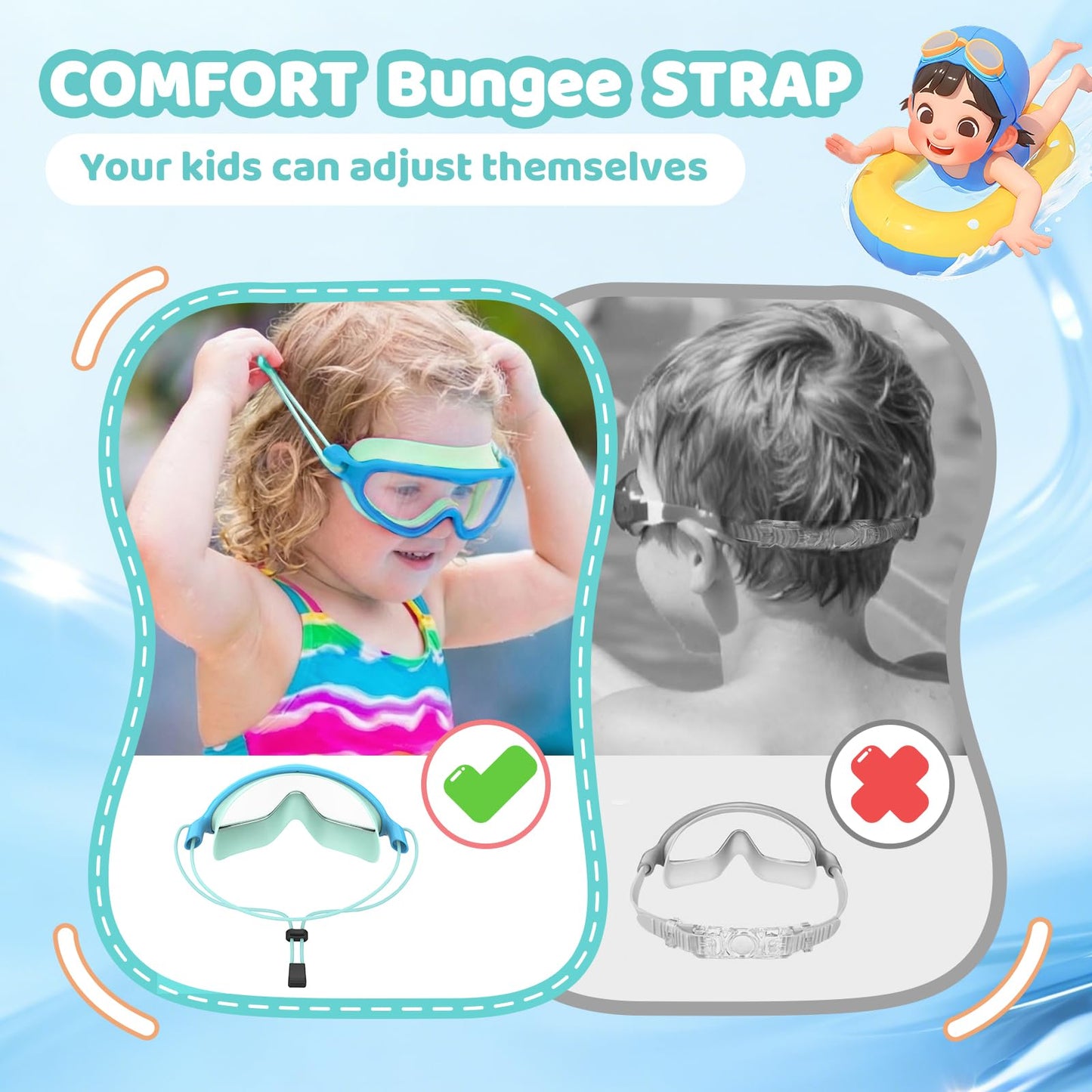 Aegend Kids Swim Goggles with Bungee Strap No Leaking Anti Fog Toddler Swimming Goggles with Quick Adjust Ages 6-14 (Aqua & Blue, Small)