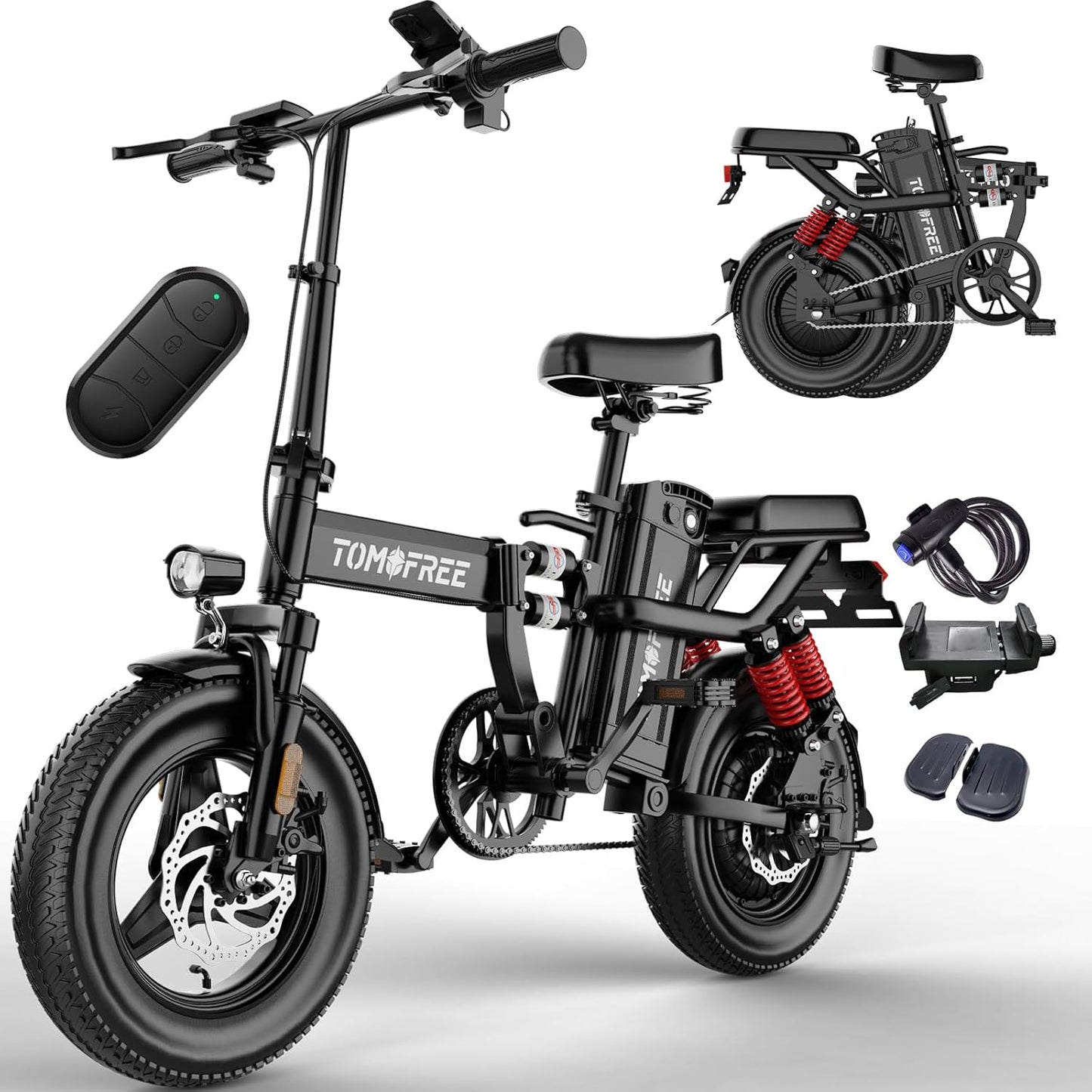 Tomofree Folding Electric Bike - 750W Peak Power, 20-24MPH, 48V 20AH Battery | 35-75 Miles Range, 14" Fat Tires