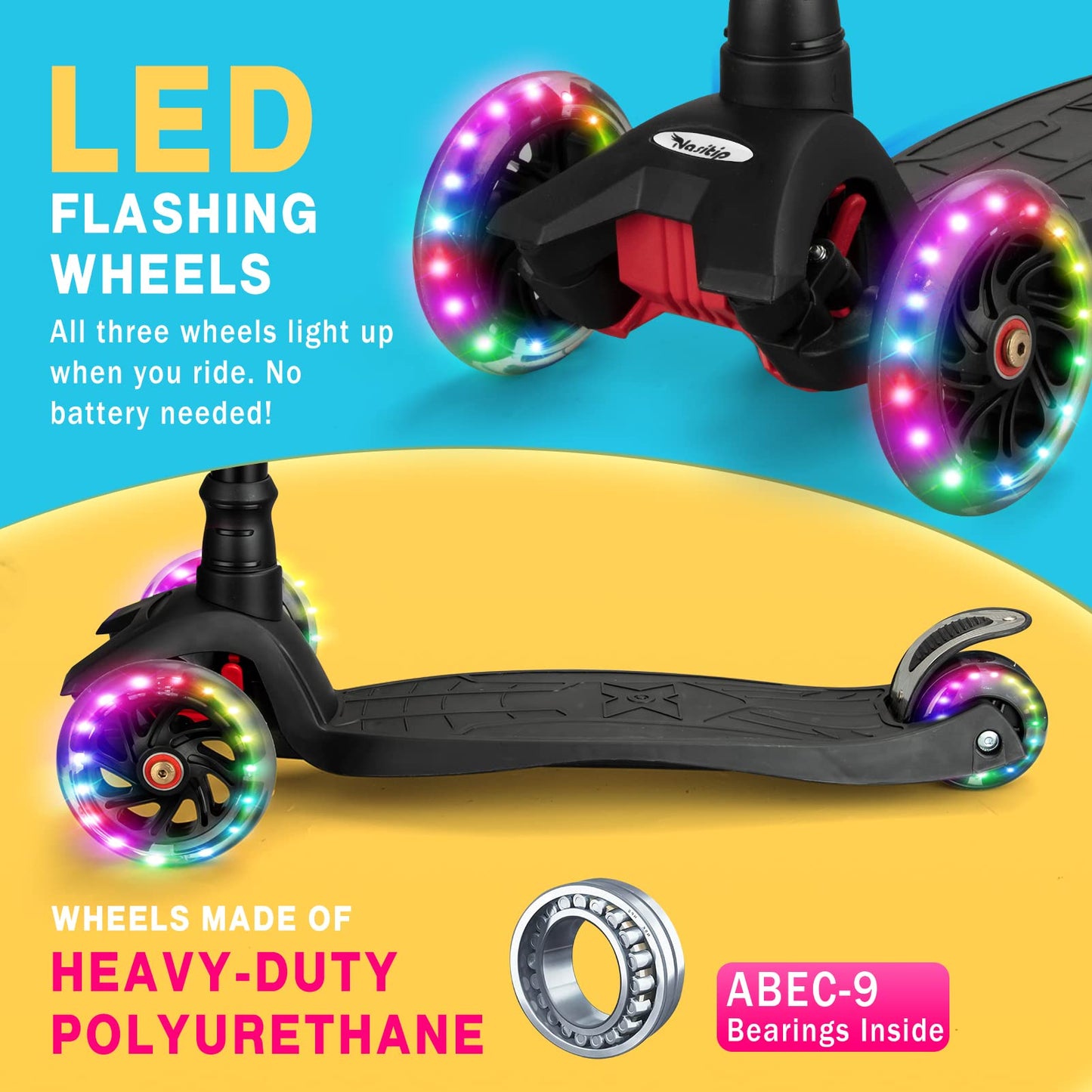 Scooters for Kids Age 3-5, Kick Scooter for Boys Girls Toddlers, 4 Adjustable Height, AEBC-9 Bearing, 3 Light Up Wheels, Lean to Steer, Outdoor Activities for Children from 3 to 12 Years Old, Black