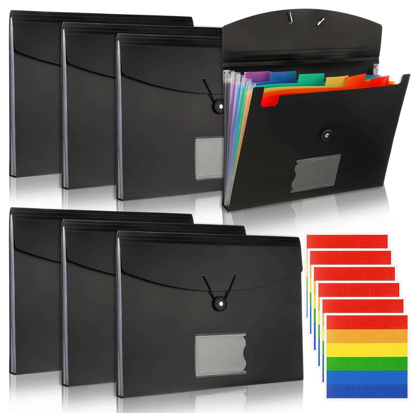 Glenmal 10 Pcs 7 Pocket File Folders File Organizer Expanding Folder with Labels Plastic Expandable Folder Pocket Folder A4 Letter Size Paper Organizer Folder for Office(Black)