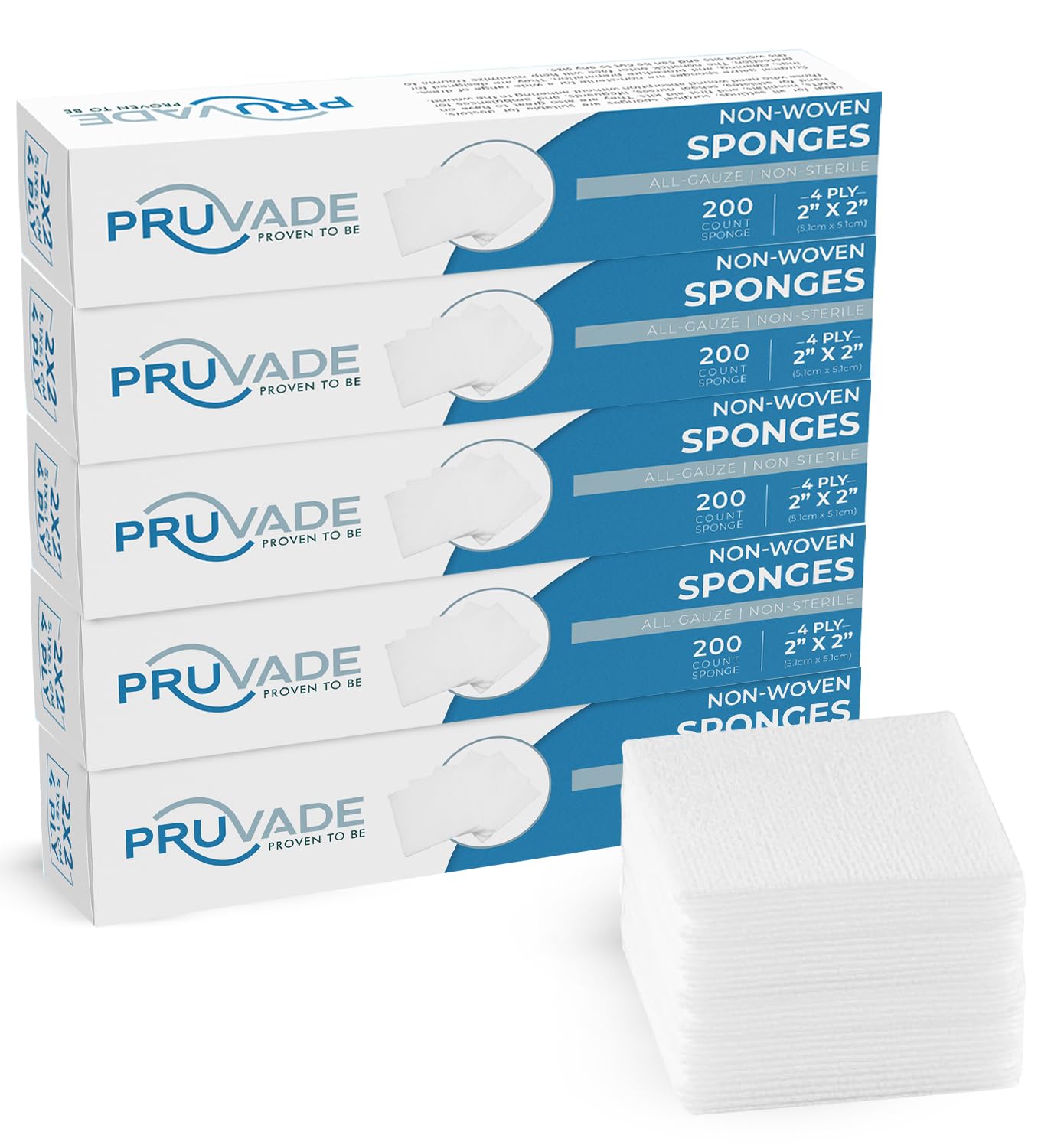 Pruvade 1000 Count Gauze Pads - Soft 2"x2" Non-Woven 4-Ply | All-Purpose Non-Sterile Dental Gauze Pads - Absorbent Gauze Sponges for First Aid Kit, Makeup-Removal, Skin Cleansing - 5 Packs of 200