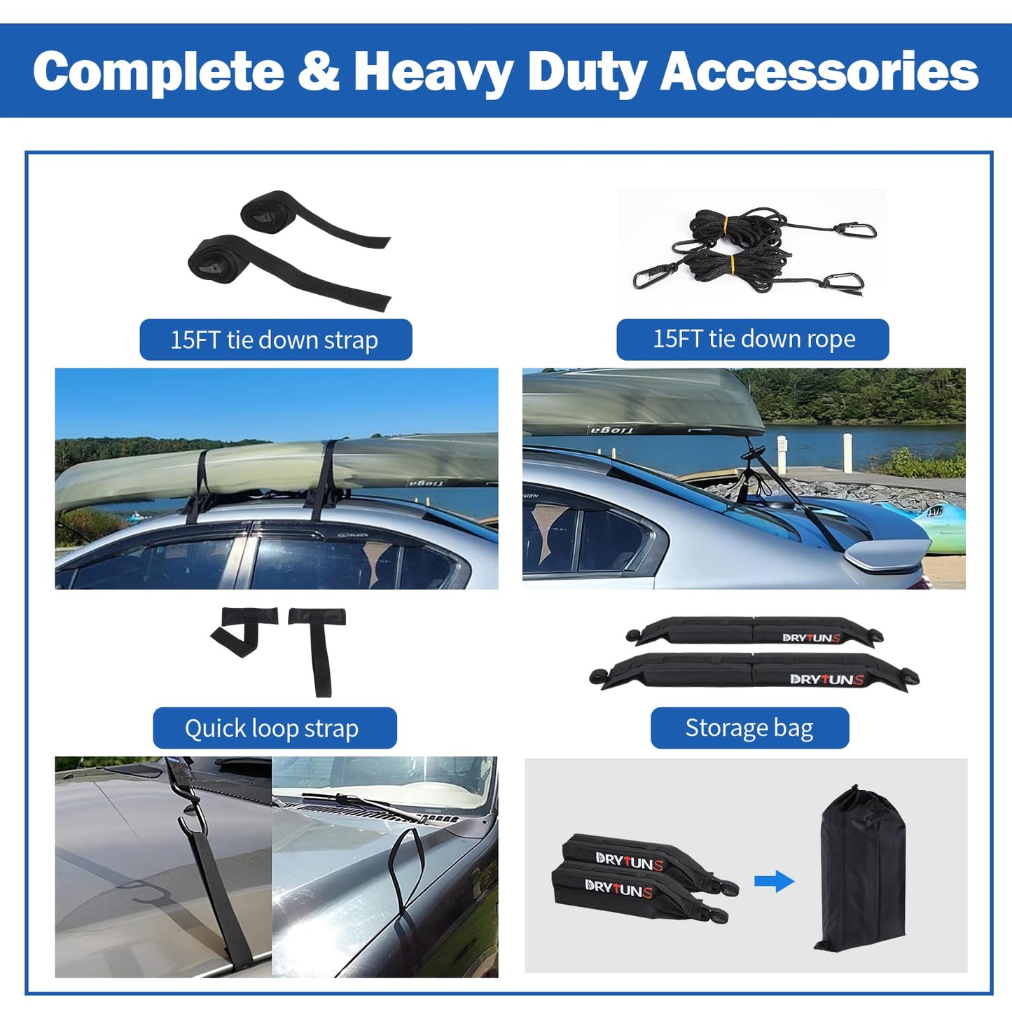 Drytuns Surfboard Rack for Car, Paddle Board Car Rack, Surf Racks for Cars, Universal Soft Roof Racks for Kayak SUP Canoe, Complete Set