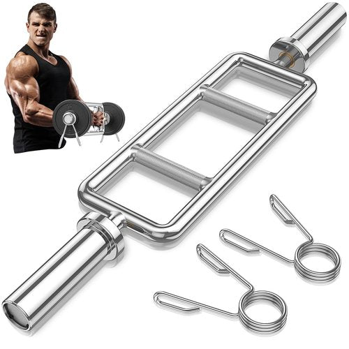 GYMAX Olympic Triceps Bar, 33" Solid Standard Threaded Strength Training Bar for 2" Weight Plates with 2 Ring Collars, Chrome Finish Barbell for Weightlifting Squats Deadlifts Shrugs, 700LBS Home Gym Fitness Workout
