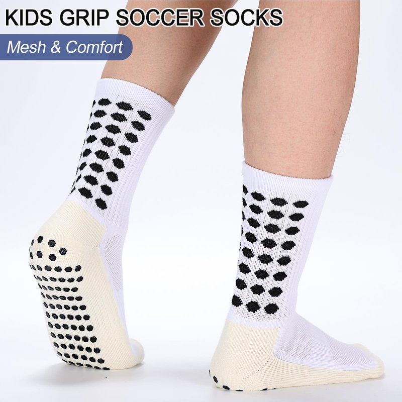 Ultrafun 5 Pairs Kids Youth Grip Soccer Socks Cushioned Non Slip Football Athletic Sports Socks (US, Alpha, Medium, Regular, White+Black)