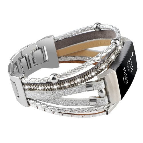 YONWORTH Posh Leather Band Compatible with Fitbit Charge 4 3 Bands, Women Boho Bracelets Wristbands Jewelry Multilayer Wrap Strap Replacement for 4/ 3/ 3SE Accessories (Glitter Silver)