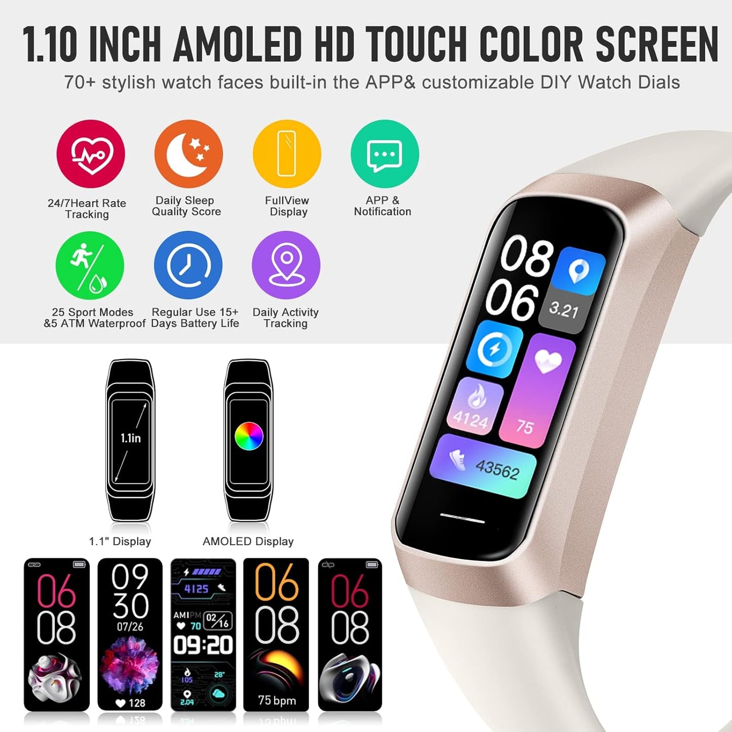 Skiennix Fitness Tracker - 24/7 Heart Rate & Blood Oxygen Monitor | 1.1" AMOLED Touch Screen, Smart Watch for All