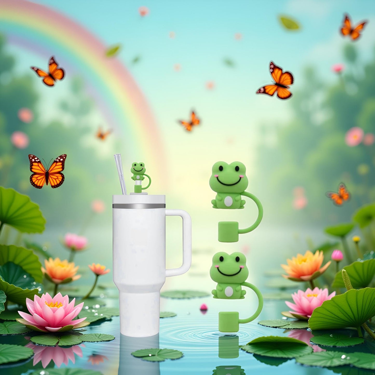 2Pcs Green Frog Straw Cover for Stanley Cup, Silicone Covers Compatible for Stanley Mug, Toppers for Stanley 30oz/40oz Tumblers, Reusable Drinking Straws, 10 mm (JLY066)