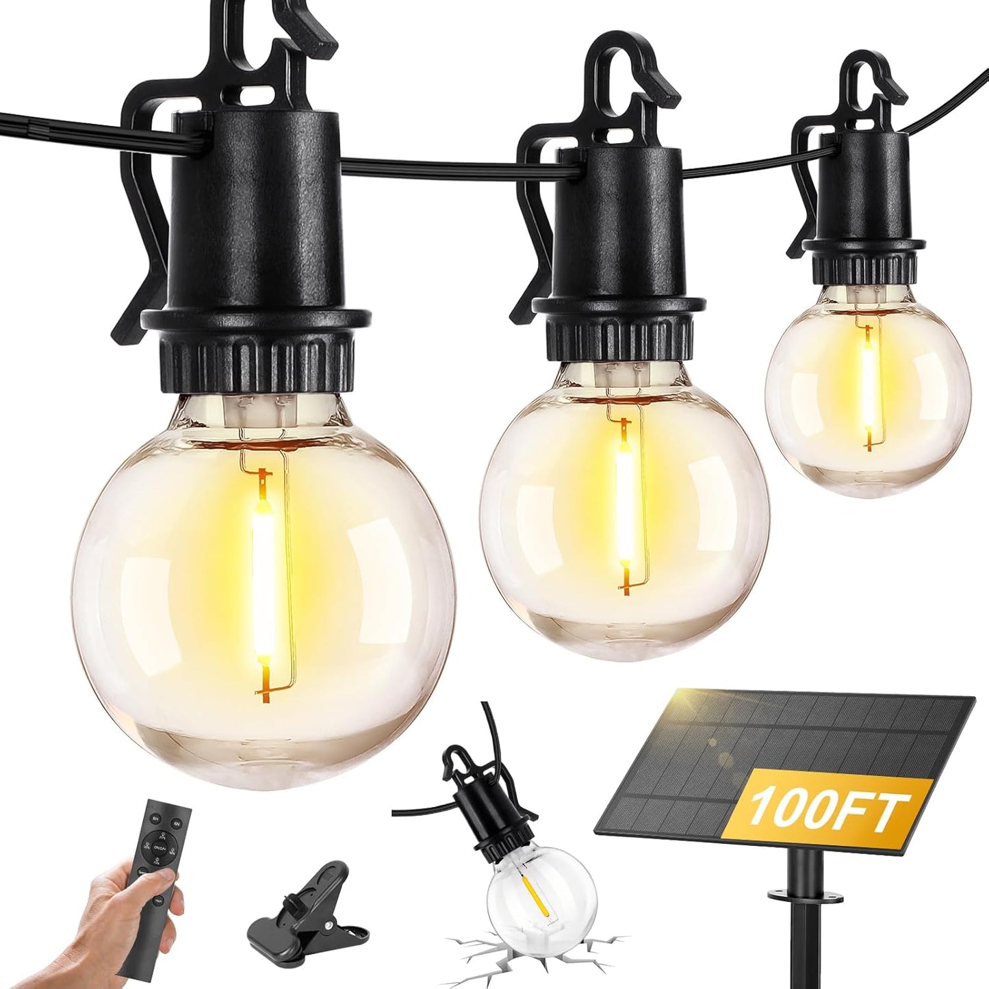 100FT Solar Powered String Lights with Remote - Waterproof G40 Patio Lights, 30 Shatterproof Bulbs, 3 Modes for Camping & Backyard