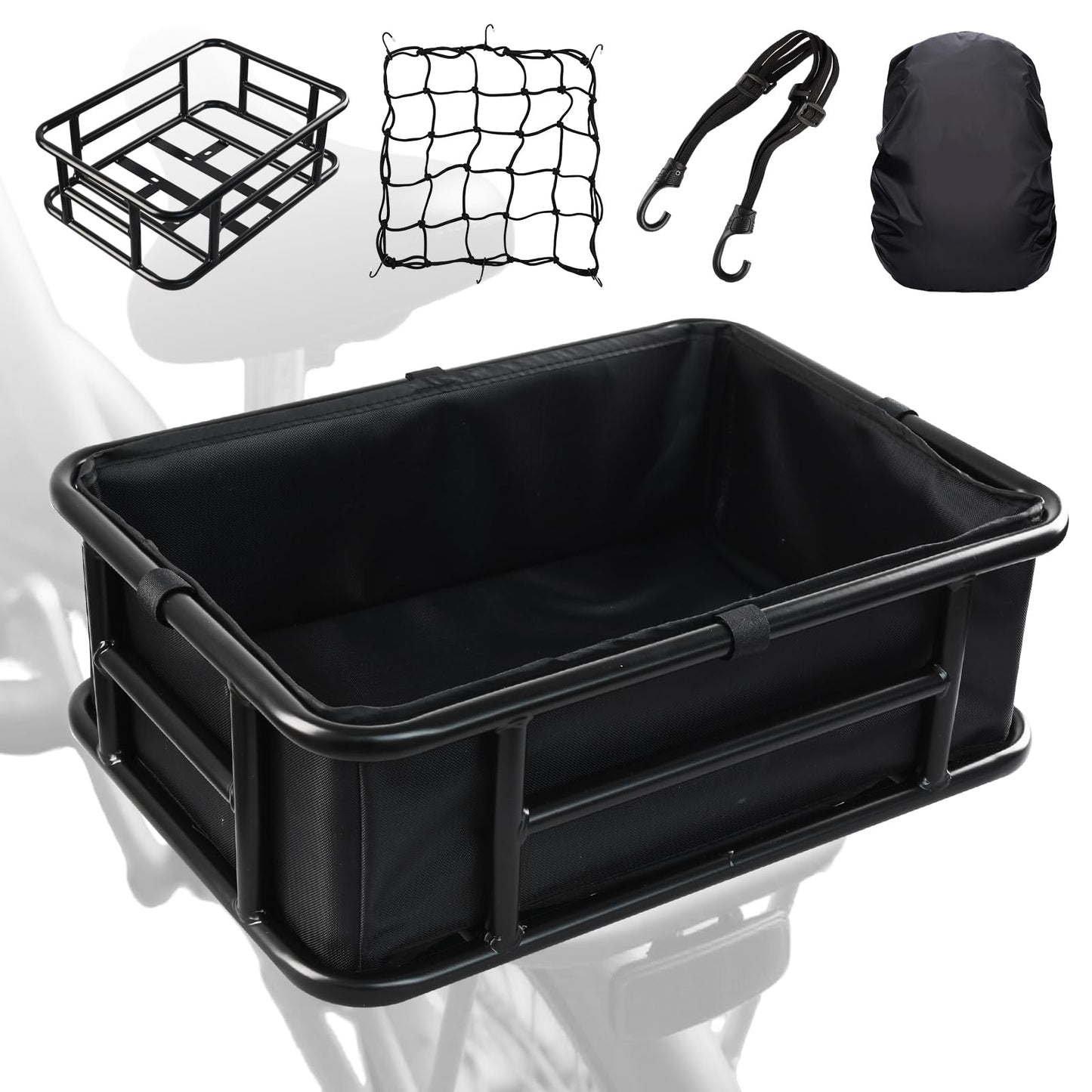 Rear Bike Basket, Large Bicycle Rear Basket with Liner, Cargo Net and Waterproof Cover, Bike Baskets Rear Bike Back Baskets Bicycle Baskets (18 * 13 * 5.9)