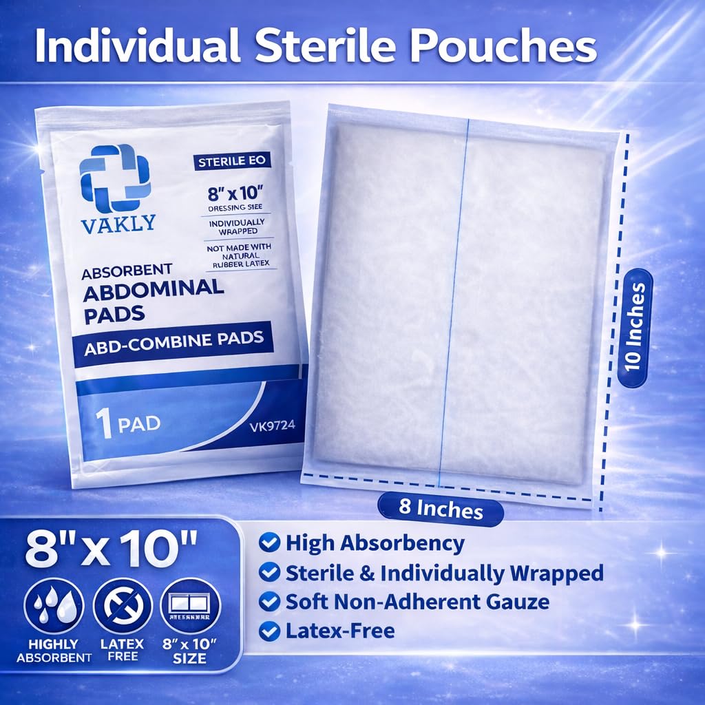 Vakly ABD Pads 8" x 10" Sterile (40 Pack) – Abdominal Combine Gauze Pads, High Absorbency Non-Adherent Dressings, Individually Wrapped for Wound Care & First Aid - Latex Free (40 Pack)