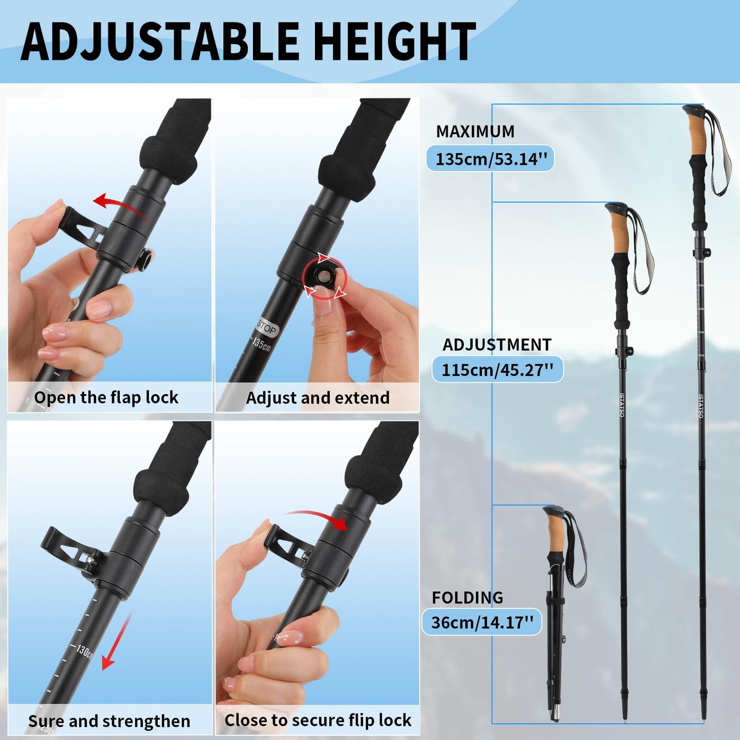 ISTATSO Portable Foldable Hiking Poles, 7075 Aluminum Adjustable Walking Sticks with Quick - Lock, Ideal for Hiking, Camping, and Mountain Trips 2pc Trekking Poles