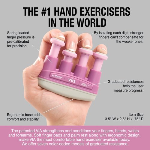 Prohands VIA Hand Exerciser, Finger Exerciser (Hand Grip Strengthener), Spring-Loaded, Finger-Piston System, Isolate and Exercise Each Finger, (4 lb Light Tension, Pink-Via)