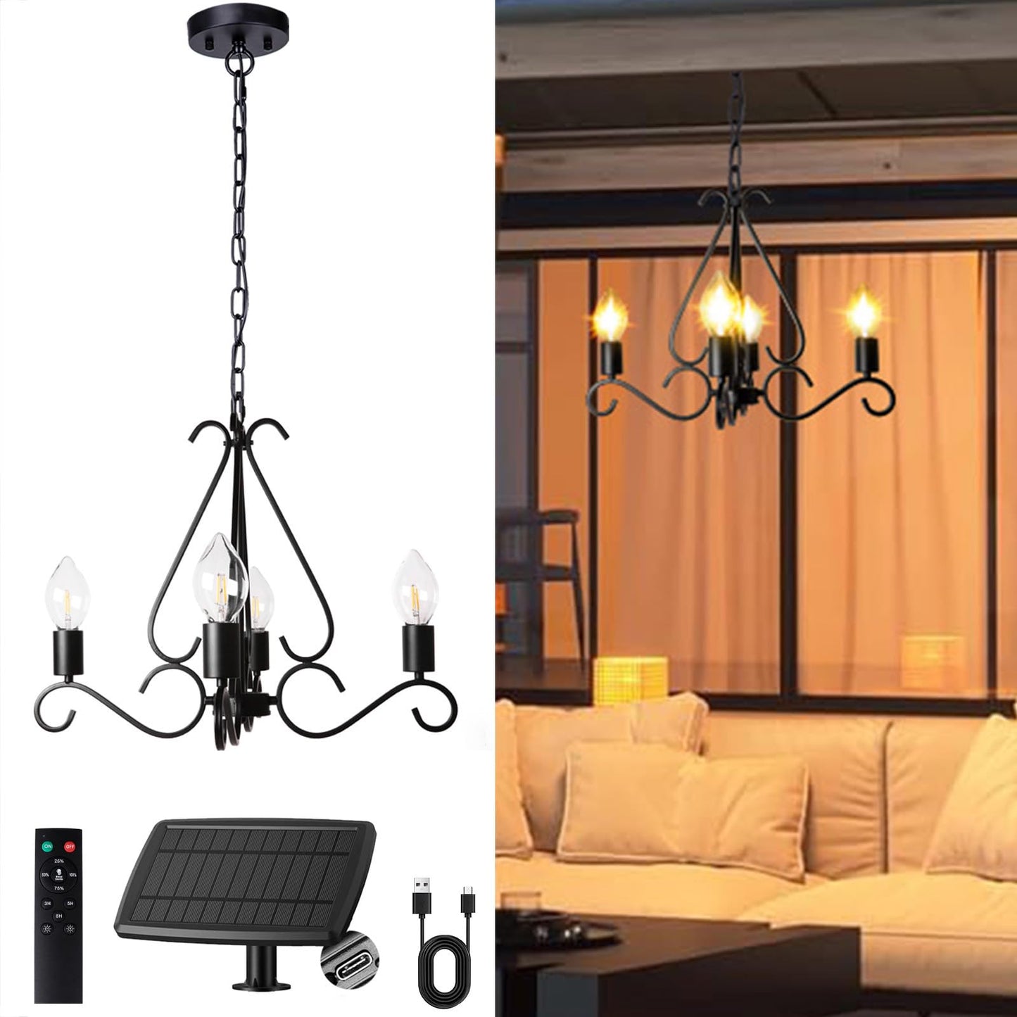 TWINKVILLA Solar Chandelier Outdoor, 4-Lights 23" Rustic Farmhouse Industrial Iron Chandeliers Waterproof Dimmable Hanging Pendant Lights for Gazebo, Pergola, Canopy, Tent Decor