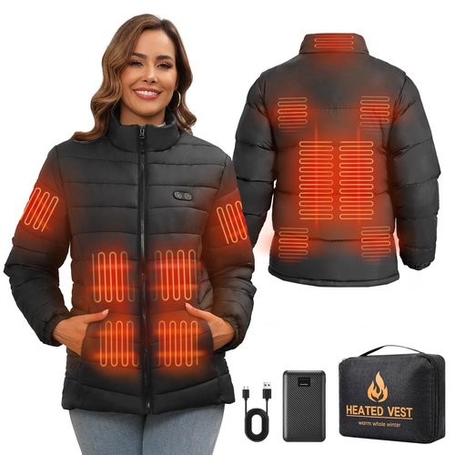 san moolias Heated Vest Women with 7.4V 16000mAh Battery Pack, Heated Jackets for Women 12 Heating Zones, 3 Heating Levels Lightweight Long Warm Electric Heated Coat - L