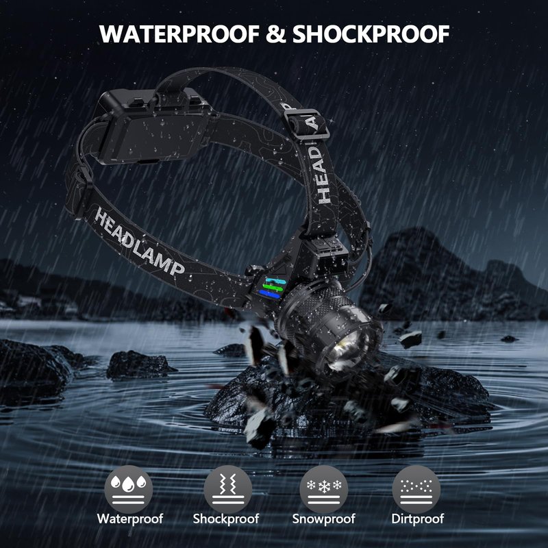 WWOAA Super Bright Headlamp Rechargeable 99000 High Lumens LED Head Lamp Battery Powered,12 Modes Waterproof Comfortable Headlight Zoomable Digital Display Headlamps for Hardhat Camping Hiking Fishing