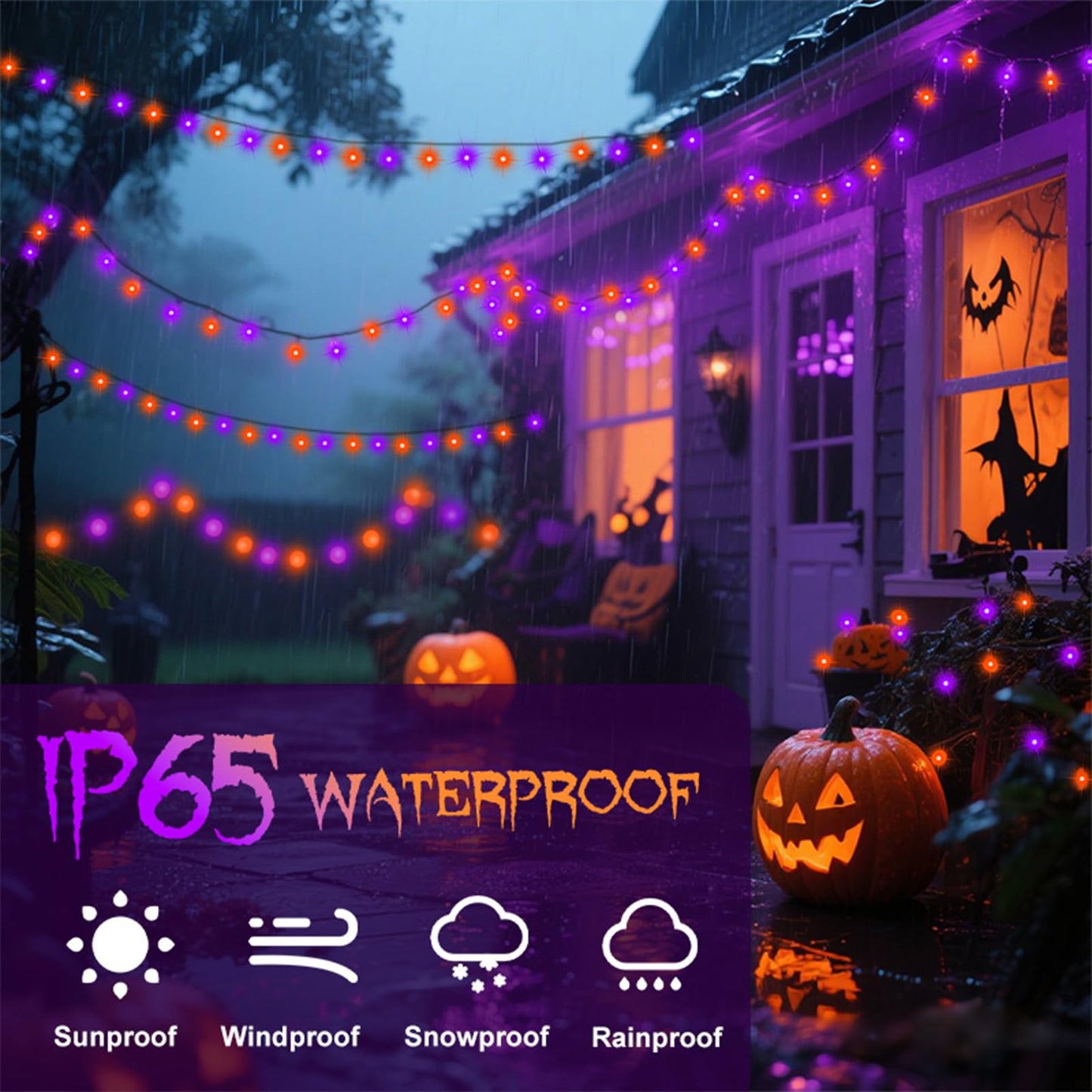Connectable 400 LED Halloween String Lights, Motion Sensor Scary Sound 66Ft Orange and Purple Halloween Lights Outdoor Waterproof 4 Sound Effects for Yard Party Tree Decor