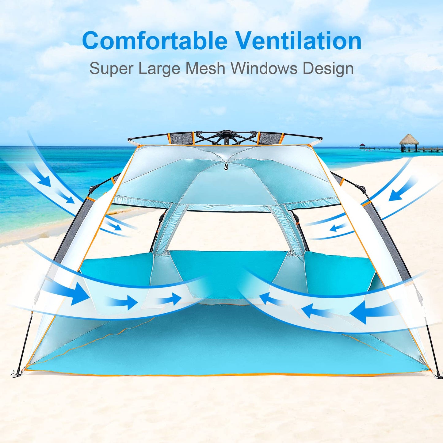Wolfwise Instant Beach Tent Sun Shelter with Zippered Extendable Porch for Privacy, Portable with Carrying Bag, Easy Setup Pop up Beach Shade for 3-4 Person, 85 x45x49 IN, Blue