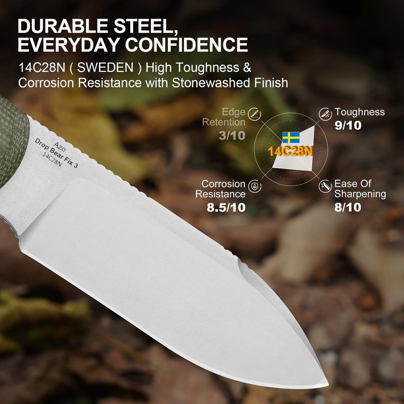 Kizer Drop Bear Fix 3 Fixed Blade Knife, 3.8" 14C28N Blade EDC Camping Knife with Green Micarta Handle, Small Hunting Knives with Sheath, Outdoor Survival Knives with Pocket Clip and Lanyard, 1101A2