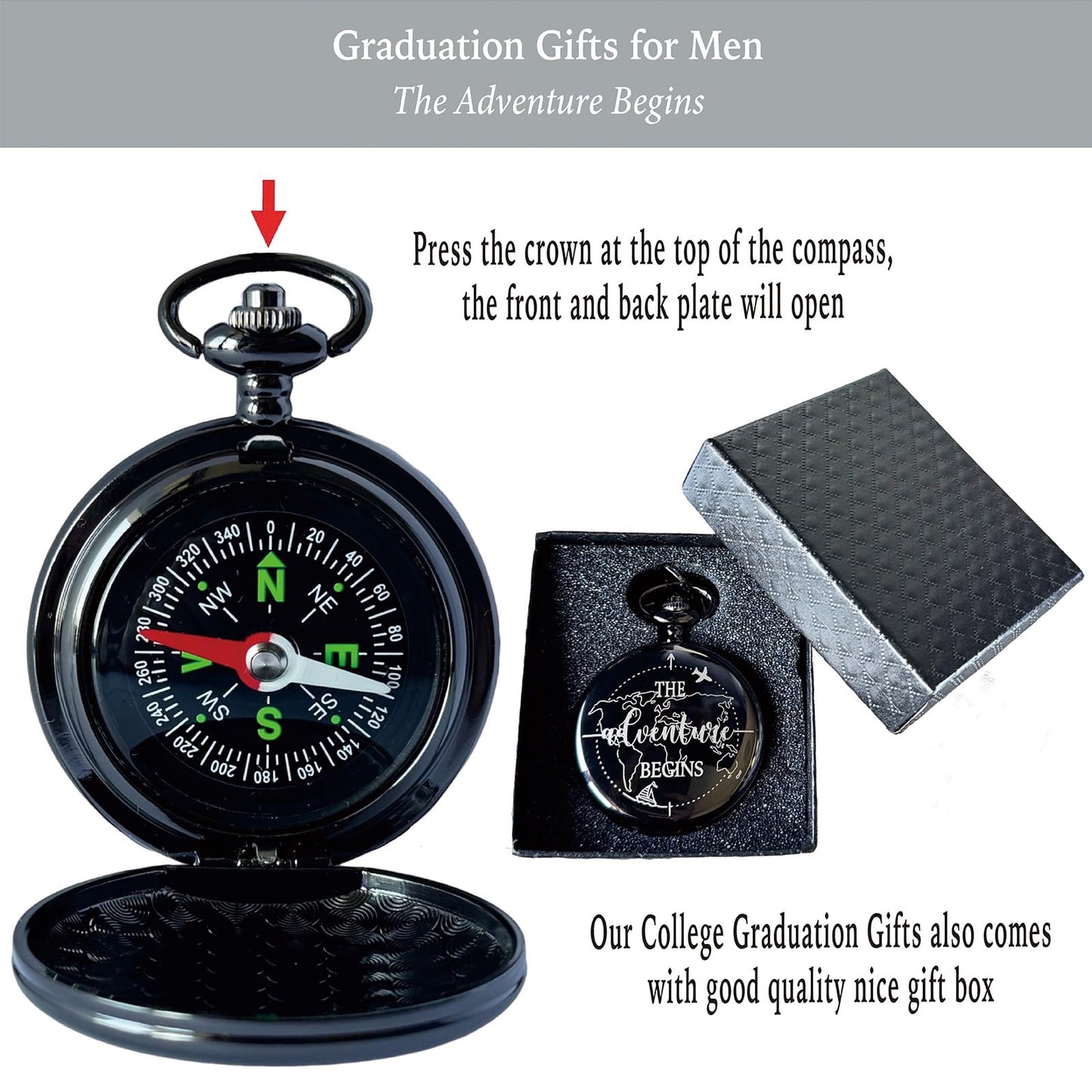 The Adventure Begin Compass Pocket Black with Keychain, College High School Boot Camp Graduation Gifts, Graduation Compass Gifts for Him Men Friends, Inspirational Keepsake Gifts Ideas for Grads