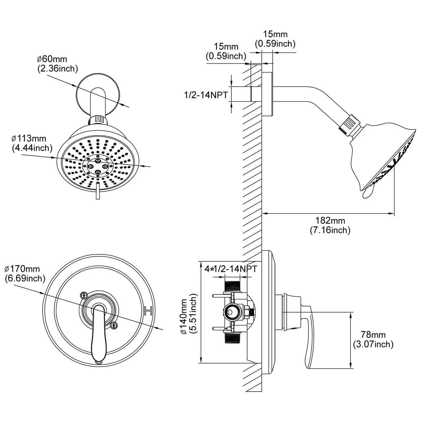 PARLOS Shower Faucet with Valve, Single-Handle Shower Trim Kit with 5-Spray Touch-Clean Shower Head, Wall Mounted Shower Faucets Sets Complete, 1436704