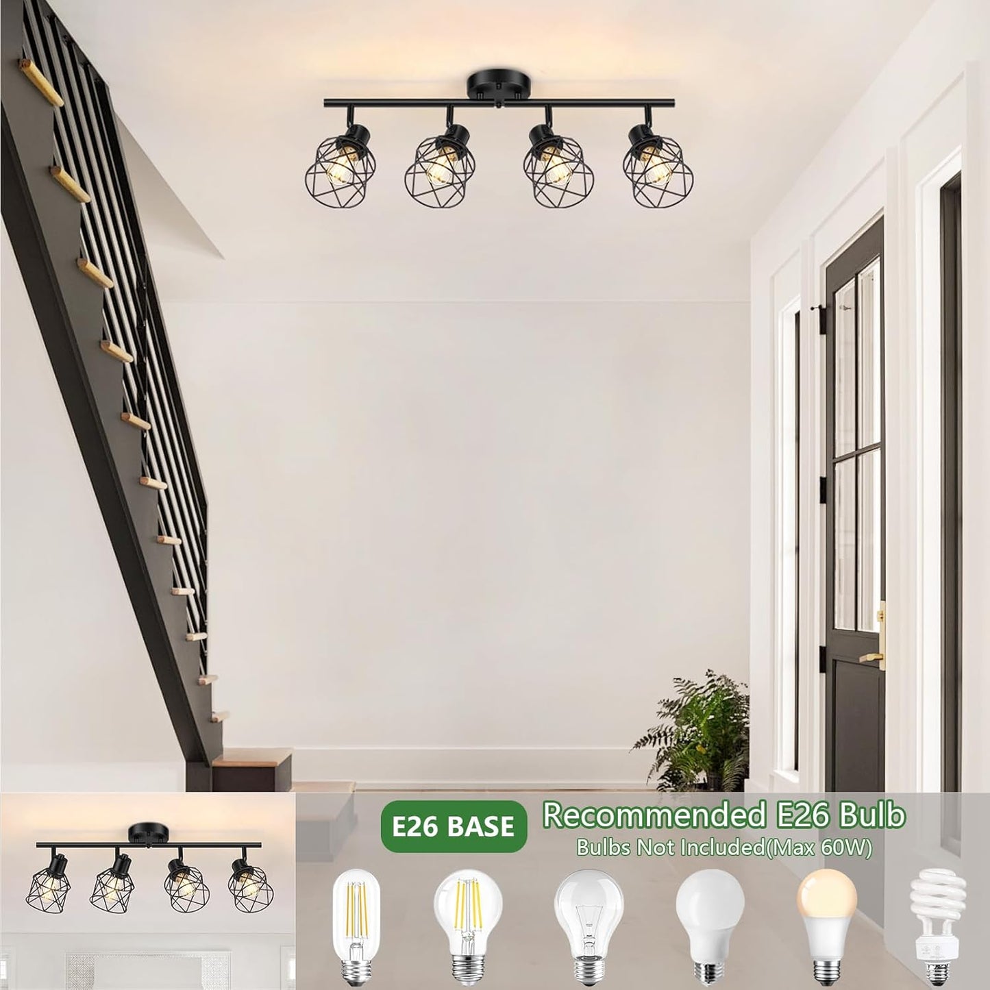 Adjustable 4-Light Semi Flush Mount Ceiling Light with Metal Cage - Farmhouse Style for Dining & Living Rooms