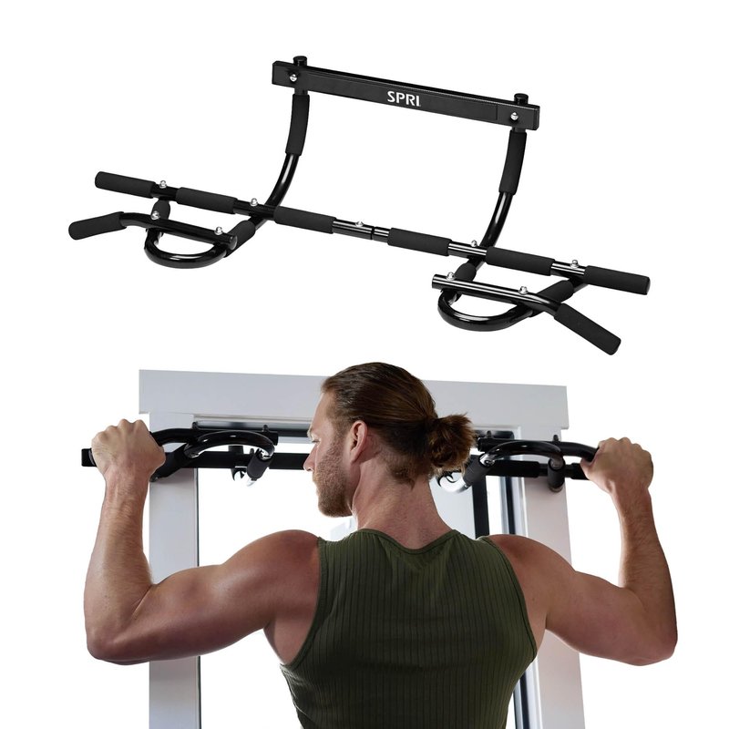 SPRI Pull Up Bar - 12-Grip Door Mounting Pull-Up Bar for Versatile Workouts - Rugged Steel with Foam Handles - Supports 300 Pounds - Fits Door Frames Up to 32 in. Wide - Black