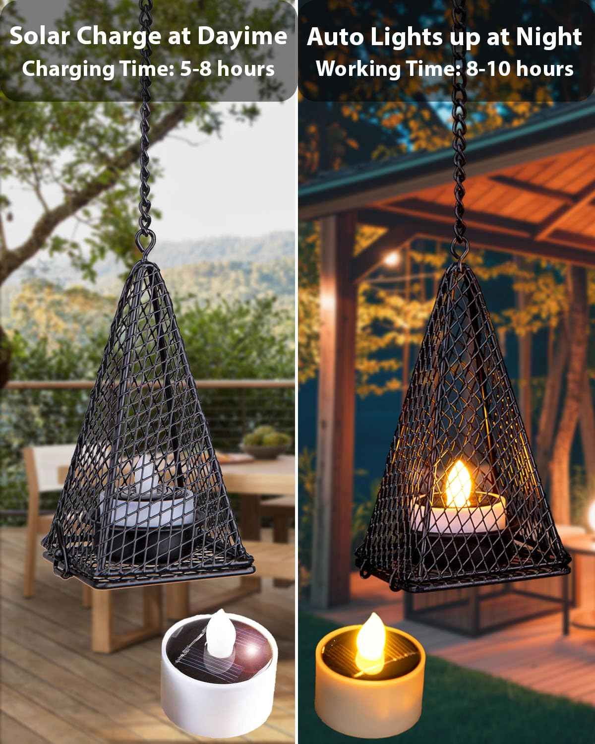 Solar Hanging Lights Outdoor, 4 Pack Hanging Lanterns Candle Holder with Solar Tea Lights Candles Outdoor Waterproof, Chandelier Ideas for Tree Gazebo Pergola Patio Decor