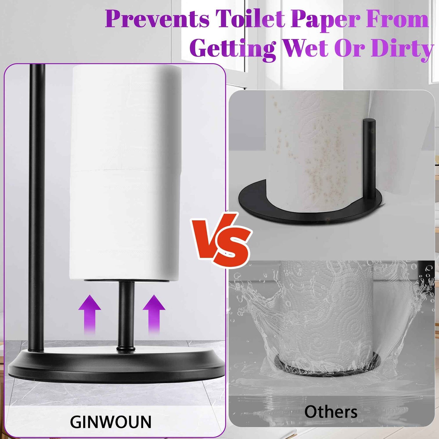 Toilet Paper Holder Stand Black, Free Standing Toilet Paper Holder with Shelf, Rustproof Toilet Paper Stand with Storage, Large Capacity Toilet Tissue Holder for Bathroom, Stainless Steel