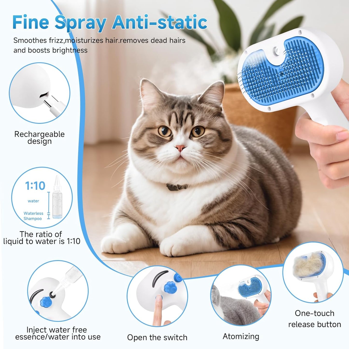 Skiennix Pet Steam Brush - 3-in-1 Grooming Tool for Dogs & Cats - Self-Cleaning Mist Comb, Blue
