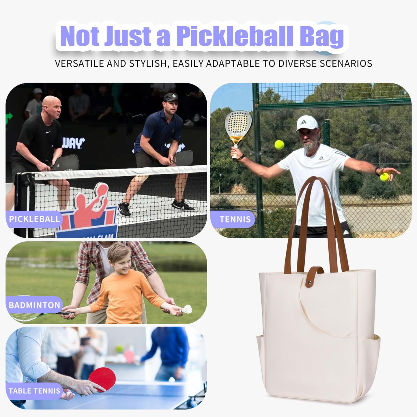 JIOWRT Pickleball Bags for Women and Men, Pickleball Gifts for Women Sling Backpack, Pickle Ball Tote Handbag with Pocket Cover Fits 2 Pickle Ball Paddles Essentials Accessories (Off White)