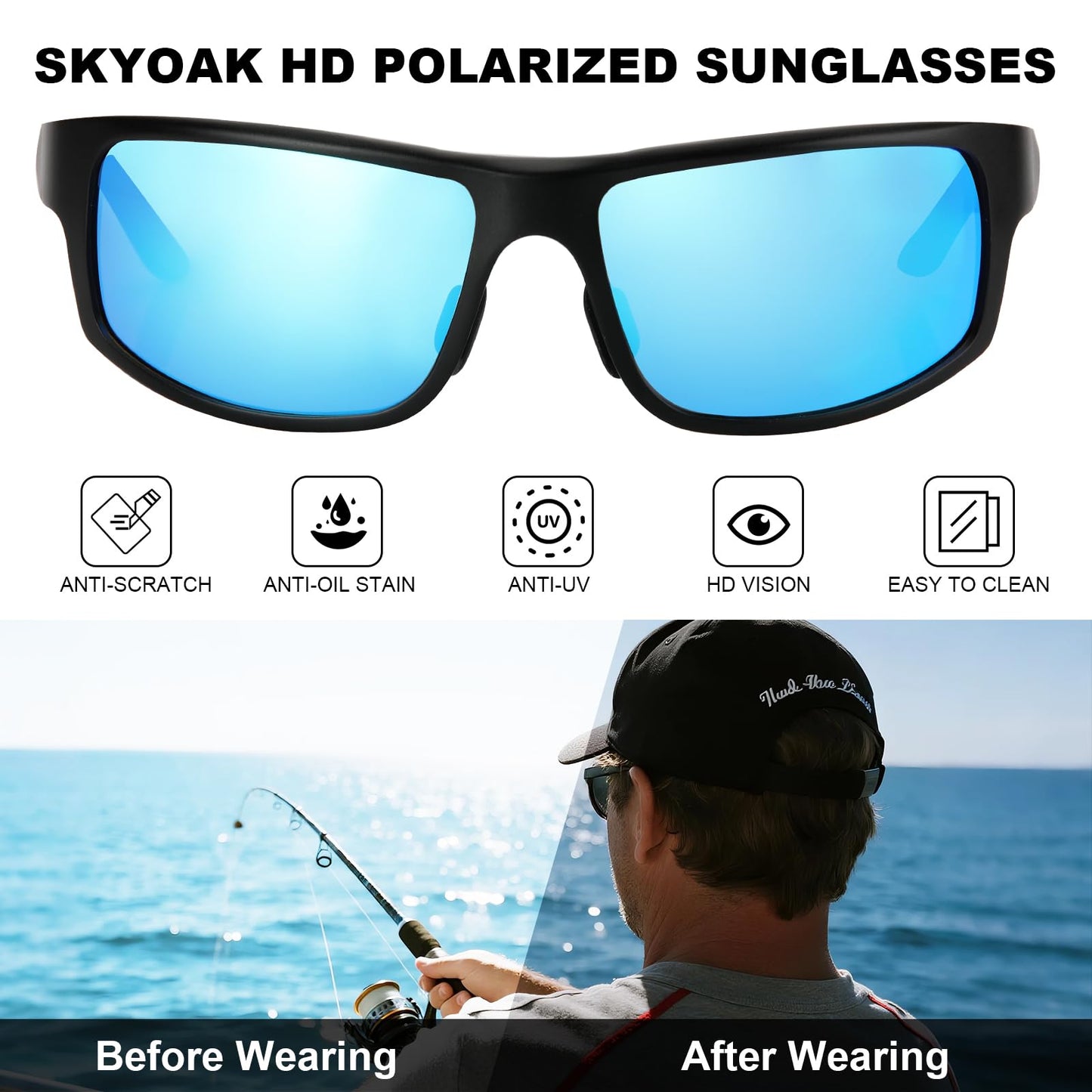 Unbreakable Polarized Sports Sunglasses for Men, Scratch/Seawater-Proof/Oleophobic Coating Lens, Aluminum Frame Sun Glasses