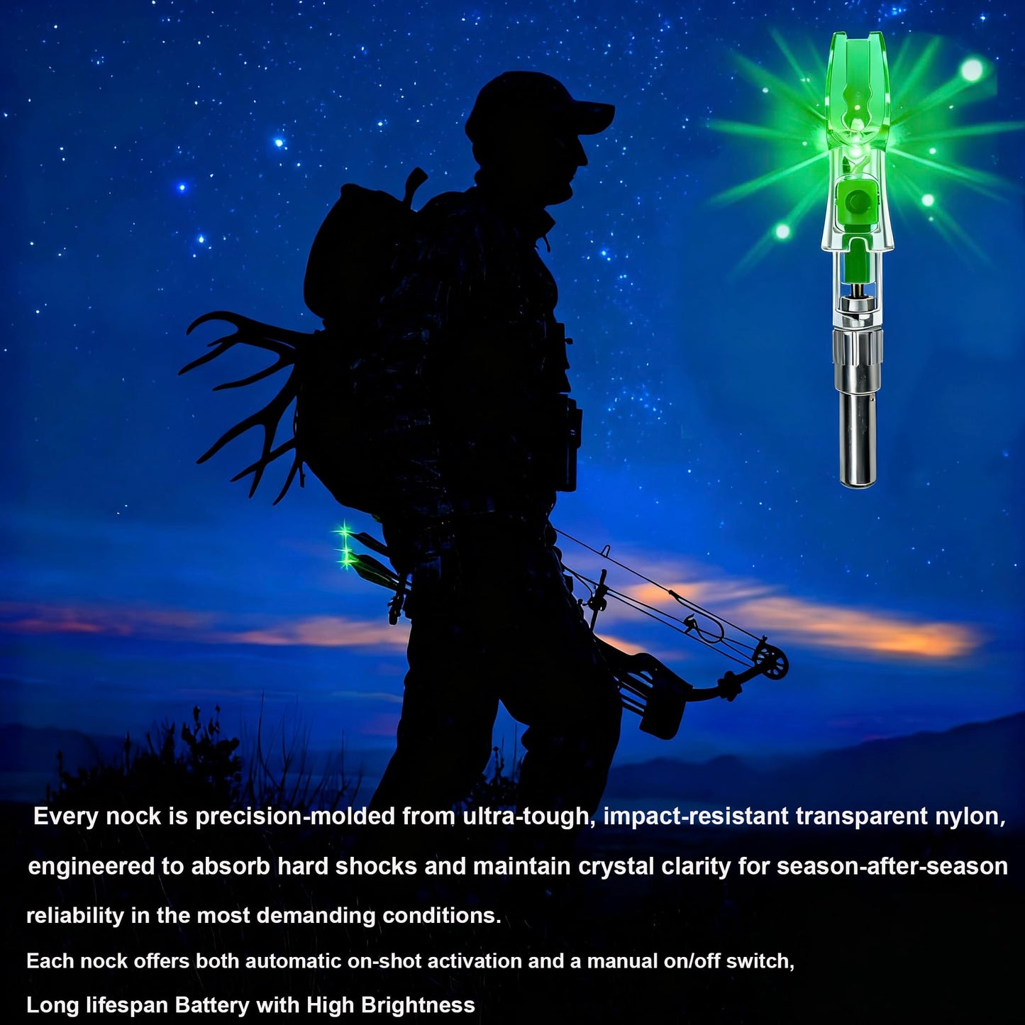 NoxDyn 12-Pack Green LED Lighted Nocks - Auto-Illuminated, High Visibility, Universal Fit .204 .233 .244 .246 ID X/H/S/GT Bushings
