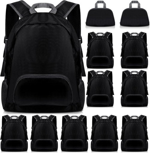 Dunzy Foldable Backpacks - 12 Pcs Lightweight Bulk Set for Travel, Camping & Donations | Black