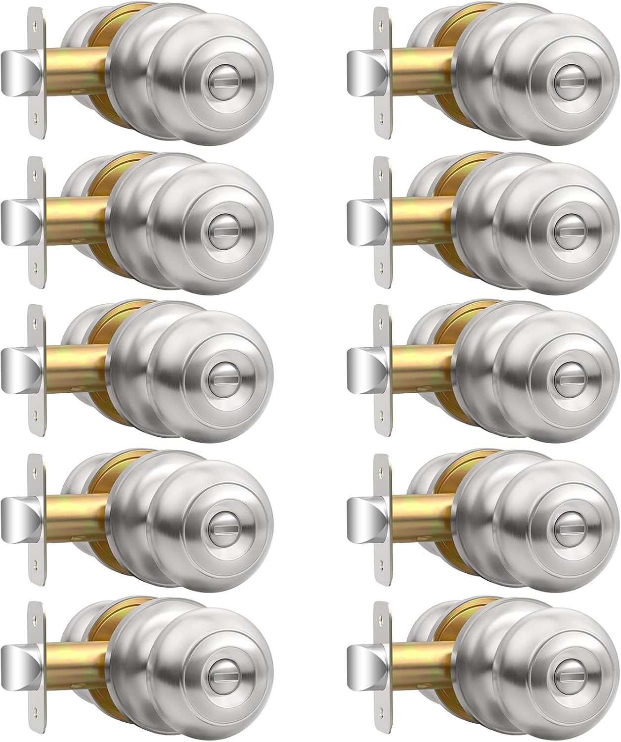Brushed Nickel Privacy Door Knob Set - Keyless Interior Locks for Bedroom & Bathroom (6 Pack)